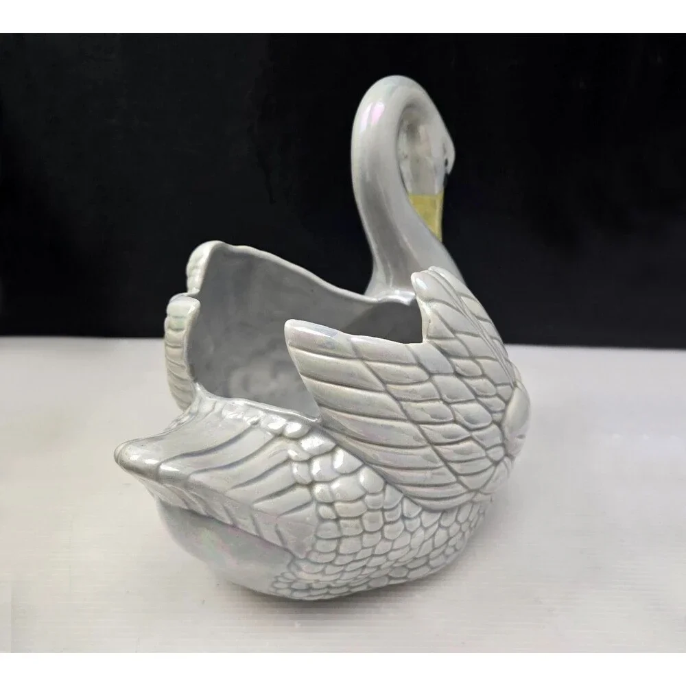 Vintage Holland Mold Swan Planter Pearlized Iridescent Luster Ceramic 11” 1974